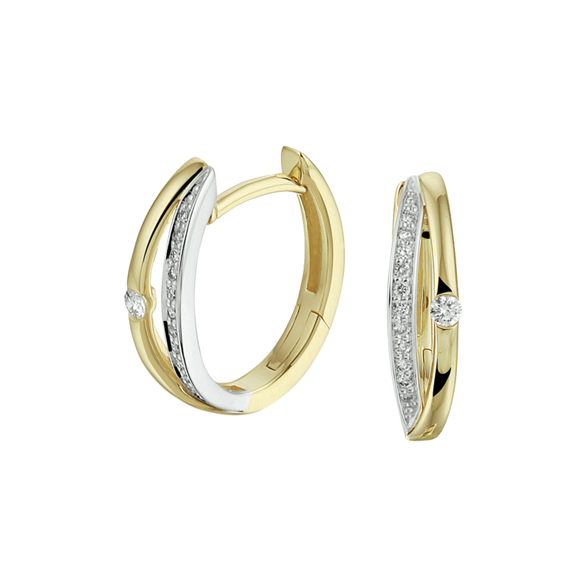 14k Bicolor geel- en witgouden oorringen met scharnier uitgevoerd met schitterende diamanten. De oorringen hebben een totale hoogte van 15mm.