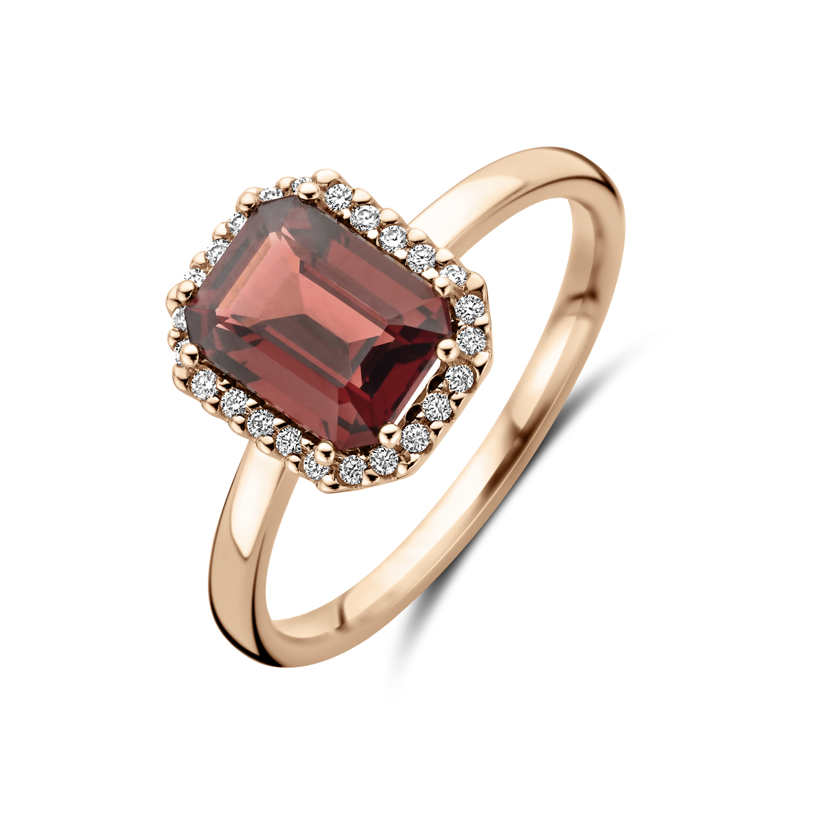 14k Rosegouden ring uitgevoerd met granaat en diamant. De ring heeft een breedte van 9mm. Het diamantgewicht is 0.10ct.