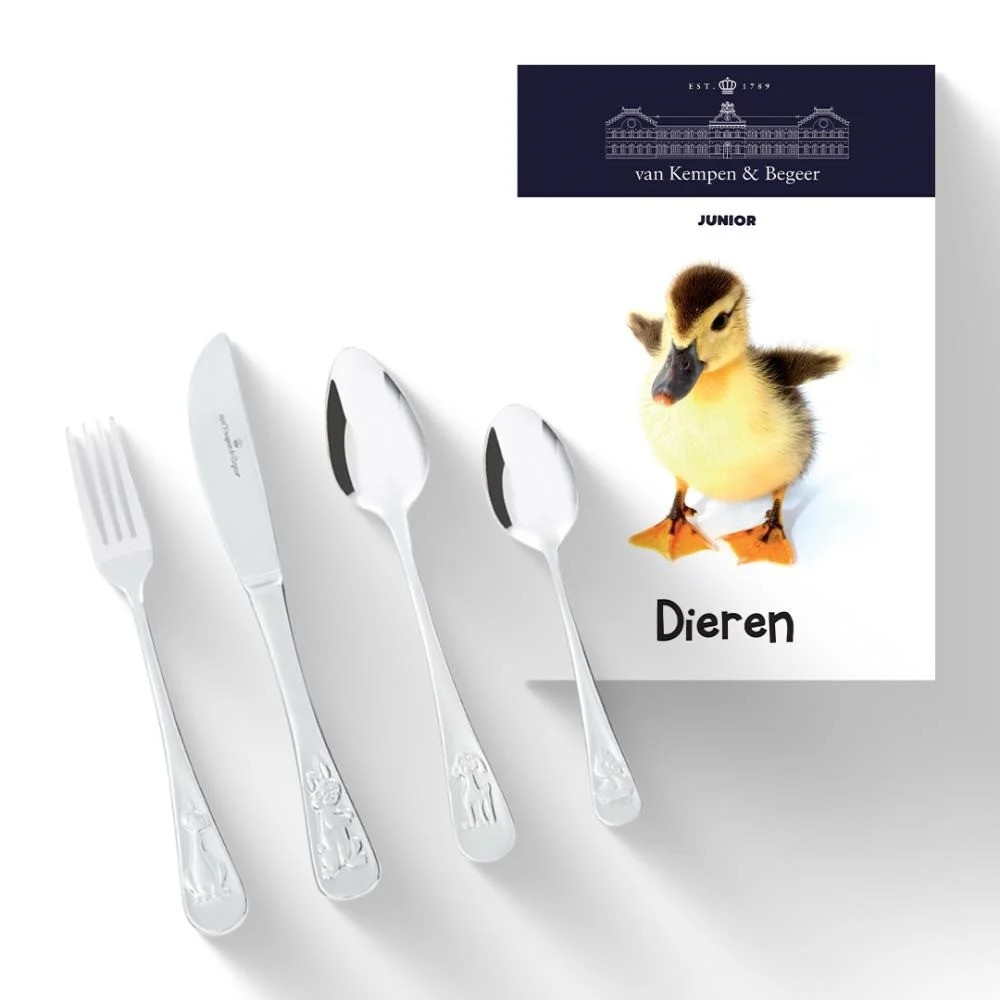 een stalen kinderbestek met dieren