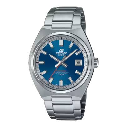 Casio Edifice horloge. Stalen band en kast. Blauwe wijzerplaat met saffier glas. 