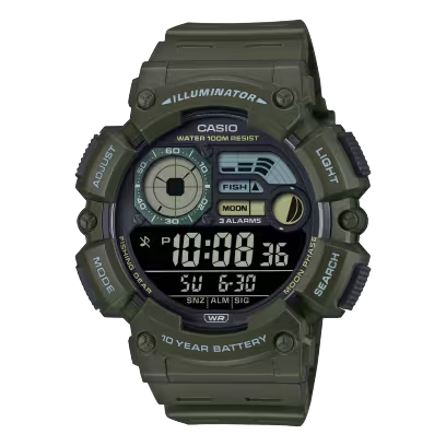 Dit horloge is zowel stijlvol als praktisch en is een stoere uitvoering van een multifunctioneel digitaal horloge. Het heeft een behoorlijke afmeting en is hierdoor gemakkelijk af te lezen. Waterbestendig is tot 10 bar, hij beschikt over ledverlichting en een dubbele tijdweergave, zodat hij altijd klaar is voor gebruik. De maanfase en de indicator voor het visniveau bieden precies wat je nodig hebt als je op het water bent.