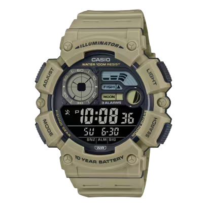 Dit horloge is zowel stijlvol als praktisch en is een stoere uitvoering van een multifunctioneel digitaal horloge. Het heeft een behoorlijke afmeting en is hierdoor gemakkelijk af te lezen. waterbestendig is tot 10 bar, hij beschikt over ledverlichting en een dubbele tijdweergave, zodat hij altijd klaar is voor gebruik. De maanfase en de indicator voor het visniveau bieden precies wat je nodig hebt als je op het water bent.