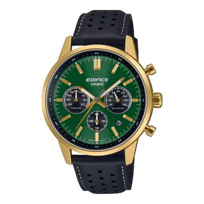EFR-575CL-3AEF. Casio Edifice horloge. Chronograaf. Zwart lederen band. Goudkleurige kast met een groene wijzerplaat. 