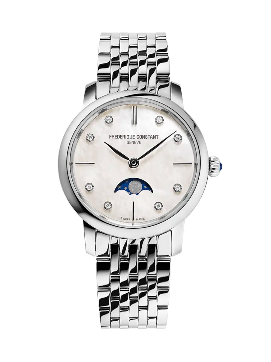 Dit Frederique Constant horloge behoort tot de Slimline Moonphase collectie.
Referentienummer: fc-206mpwd1s6b

Dit Slimline Moonphase horloge is uitgerust met een Zwitsers quartz uurwerk. Het uurwerk is gehuisd in een 30 MM stalen kast en wordt aangevuld met een stalen schakelband. De witte parelmoer wijzerplaat is versierd met 8 schitterende diamanten met een totaal van 0.04ct. Dit verfijnde model heeft een maanfase op de parelmoer wijzerplaat. Het horloge is voorzien van een krasvrij saffierglas en is getest op een waterdichtheid van 3 ATM / 30 M. Deze kostbare, eigentijdse collectie belichaamt de expertise en het vakmanschap van Frederique Constant, en biedt luxe Zwitserse horloges die betaalbaar zijn en een vleugje hemelse poëzie bieden.
