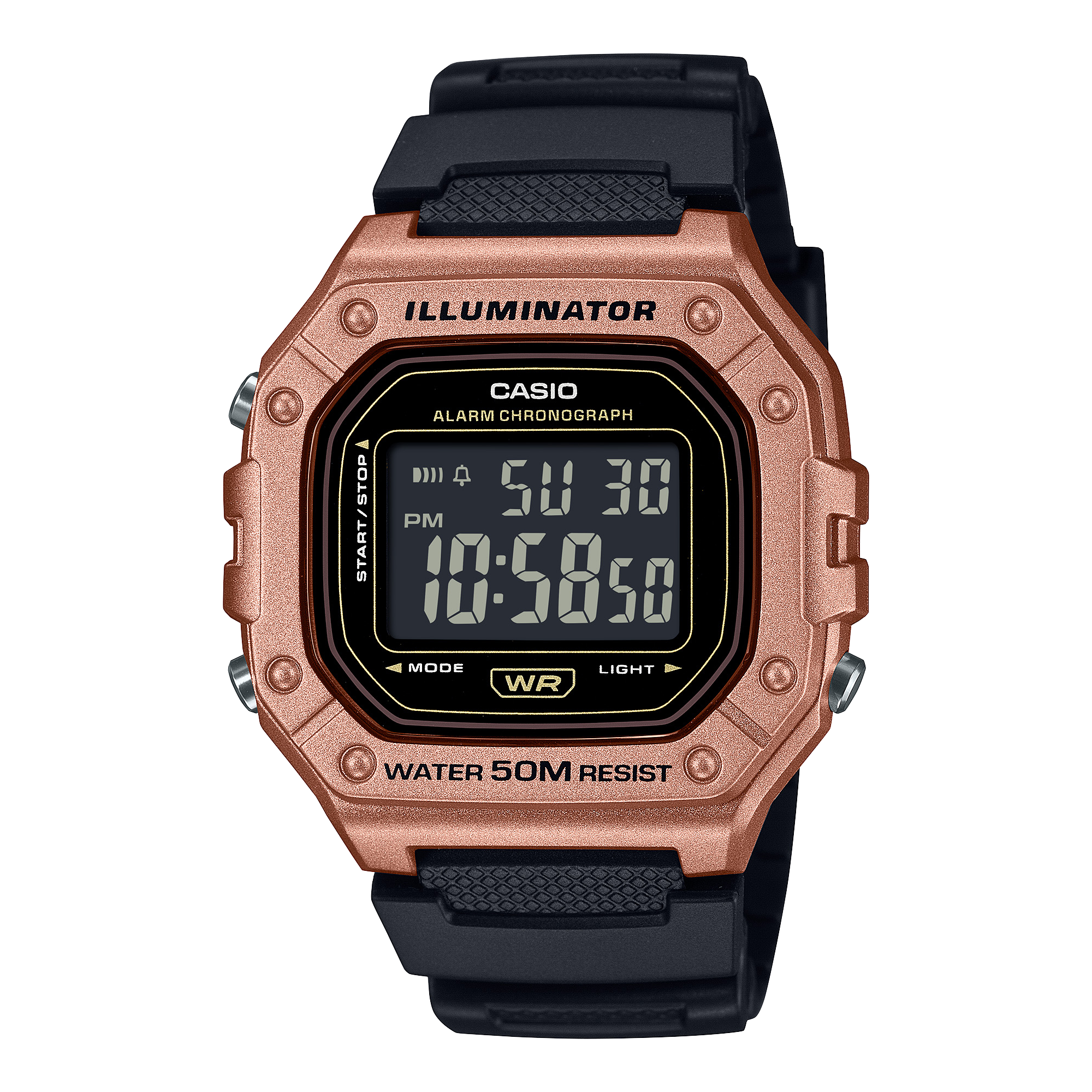 Praktische functionaliteit en een opvallend display komen samen in een sportief digitaal ontwerp.
De W-218H  is waterbestendig tot een diepte van 5 bar. 