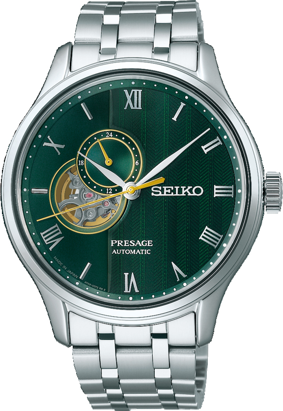 Seiko Presage automaat met groene wijzerplaat en open echappement. 
Het 4R39 Seiko kaliber met 24h aanduiding is een mechanisch kaliber. Het horloge laadt zich tijdens het dragen automatisch op door het omzetten van de arm- en polsbewegingen van de drager in energie. Beweging van het horloge zorgt ervoor dat de hoofdveer van het horloge wordt opgewonden. Deze veer is de energiebron. Handopwinding is ook mogelijk. Wanneer het horloge volledig is opgeladen heeft het een energiereserve van ca. 41 uur. Het tikgetal van deze automaat is 21.600 per uur en het horloge heeft 24 jewels. Het 4R kaliber wordt volledig in-house vervaardigd.

Een mechanisch horloge functioneert zonder batterij en kent een grotere afwijking dan Quartz, Kinetic of Spring Drive horloges. Bijvoorbeeld: -15/+25sec per dag.