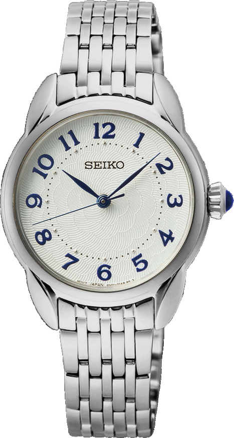 Dit is een dameshorloge van het merk Seiko. Het is een analoog horloge gemaakt van staal. De diameter van de kast is 28.7 mm en de kast is 7.59 mm dik.
De verdere specificaties van het horloge zijn als volgt:
Kastvorm: rond
Kastkleur: zilverkleurig
Kastmateriaal: staal
Bandbreedte: 13 mm
Bandlengte: 218.7 mm
Sluiting: vouwsluiting met drukker
Wijzerplaatkleur: wit
Glassoort: hardlex mineraal glas
Waterdichtheid: 5 ATM
Techniek: quartz