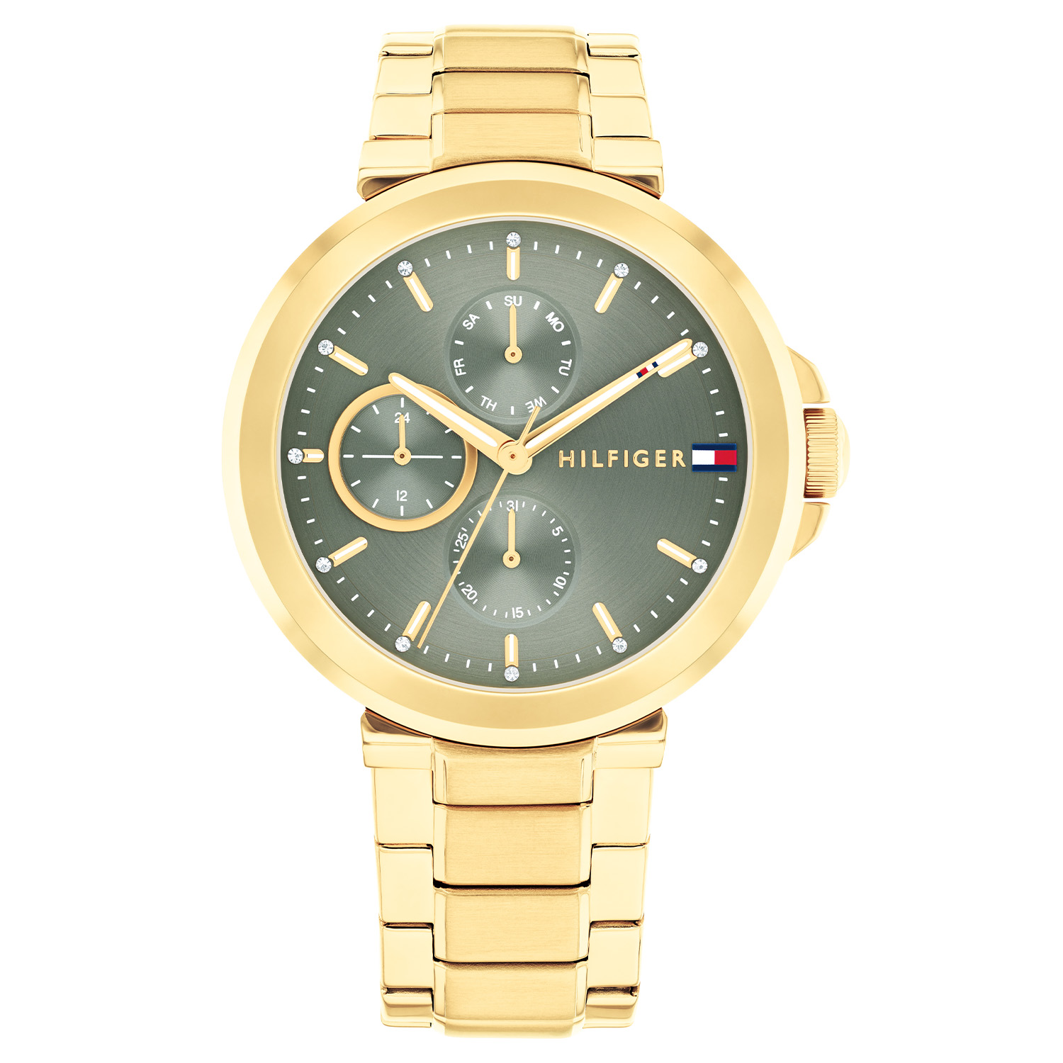 Tommy Hilfiger TH1782755 Horloge Dames Staal Zilverkleurig 38mm
Dit specifieke horloge van Tommy Hilfiger uit de Lori serie met artikelnr: TH1782755 is een casual horloge die zeker in je collectie past. Het stalen dameshorloge heeft een ronde goudkleurige kast met een gladde bezel. Het horloge heeft een groene sunray wijzerplaat  met kristallen op de markers. Verder is het horloge multifunctioneel, heeft het dag,-datum en 24-uursaanduiding. Het horloge heeft een goudkleurige verstelbare schakelband, een mineraalglas, een doorsnee van 38mm en is 5ATM.  

Het merk:
Sinds de lancering van het merk in 1985 is Tommy Hilfiger wereldwijd bekend geworden als pionier van de klassieke Amerikaanse coole stijl. Geïnspireerd door de iconische popcultuur en het Amerikaanse erfgoed. De dames en herencollectie van dit seizoen bestaan uit minimalistische silhouetten en rustieke lederen details. De herenhorlogecollectie biedt iconische uurwerken met roestvrijstalen, lederen en siliconen banden.

Specificaties:
- Mineraalglas
- Ronde kast 38mm
- Goudkleurige horlogekast
- Groene wijzerplaat
- Goudkleurige schakelband
- Multifunctioneel
- 5ATM