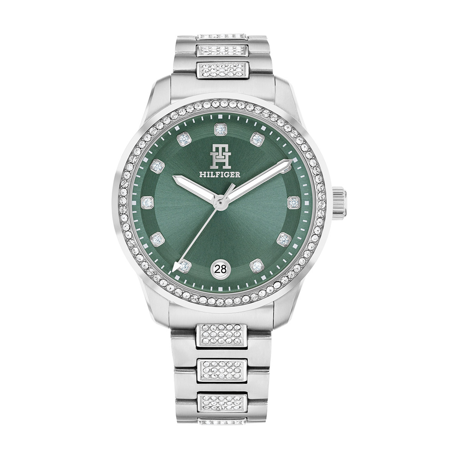 Tommy Hilfiger TH1782759 Horloge Dames Staal Zilverkleurig 36mm
Dit specifieke horloge van Tommy Hilfiger uit de TH85 serie met artikelnr: TH1782759 is een chique horloge die zeker in je collectie past. Het stalen dameshorloge heeft een ronde zilverkleurige kast met een bezel vol gezet met kristallen. Op de groene sunray wijzerplaat zijn kristallen geplaatst die de uren aanduiden voor een extra feestelijk uiterlijk. Op de zilverkleurige band zijn ook weer kristallen verwerkt. De zilverkleurige schakelband is op lengte verstelbaar en heeft een vouwsluiting. Het horloge heeft een datumaanduiding, mineraalglas, een doorsnee van 36mm en is 5ATM.  

Het merk:
Sinds de lancering van het merk in 1985 is Tommy Hilfiger wereldwijd bekend geworden als pionier van de klassieke Amerikaanse coole stijl. Geïnspireerd door de iconische popcultuur en het Amerikaanse erfgoed. De dames en herencollectie van dit seizoen bestaan uit minimalistische silhouetten en rustieke lederen details. De herenhorlogecollectie biedt iconische uurwerken met roestvrijstalen, lederen en siliconen banden.

Specificaties:
- Mineraalglas
- Ronde kast 36mm
- Kristallen bezel
- Zilverkleurige horlogekast
- Groene wijzerplaat
- Zilverkleurige schakelband
- Kristallen 
- 5ATM