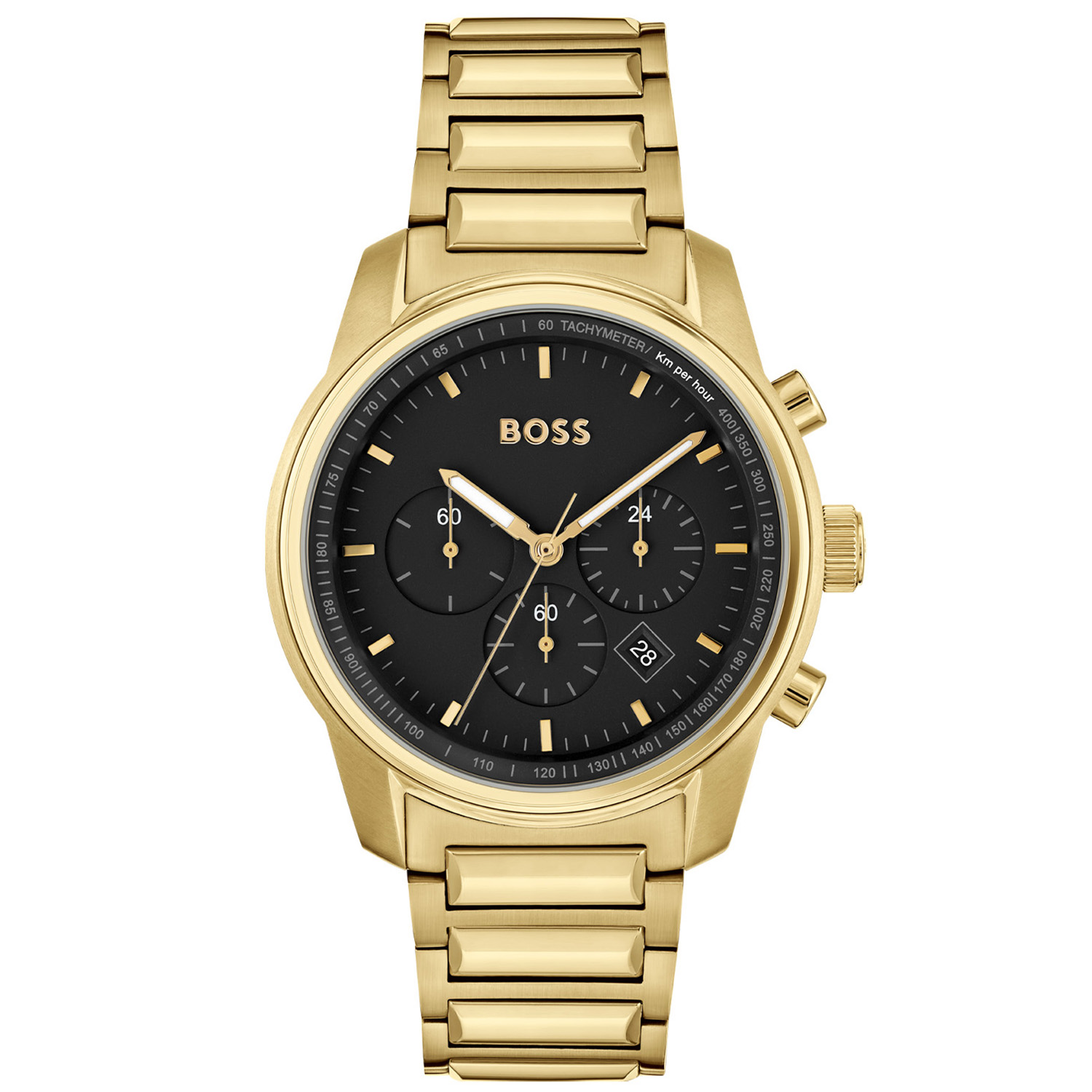 Dit Boss HB1514006 TRACE herenhorloge heeft een chronograaf functie en is waterbestendig tot 50 meter. De zwarte wijzerplaat wordt gecombineerd met een goudkleurige roestvrijstalen band voor een stoere uitstraling. Dit horloge kan zowel casual als zakelijk gedragen worden. Draag het om je pols voor een stijlvolle toevoeging aan elke outfit. Maak een statement met dit prachtige horloge van Boss.