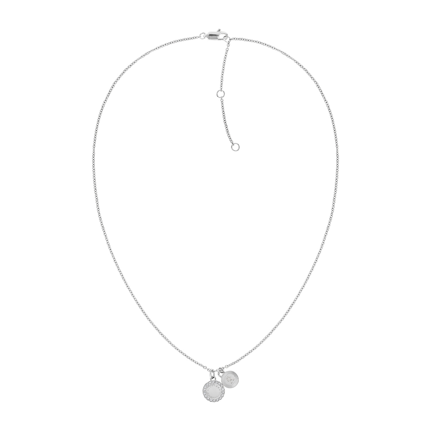 Tommy Hilfiger collier dames Staal 45cm
Deze ketting van Tommy Hilfiger uit de jewelry serie mini cristals is een opvallend model. De zilverkleurige stalen dames ketting heeft een ankerschakel met 2 hangers. Een plat plaatje met de buitenrand vol gezet met kristallen, het andere hangertje is het uitgesneden logo plaatje van Tommy. Door de exrta tussenogen is de ketting op meerdere lengtes te dragen, zowel op 40, 42,5 en op 45cm. Ook leuk te combineren met andere armbanden en sieraden van Tommy Hilfiger.


