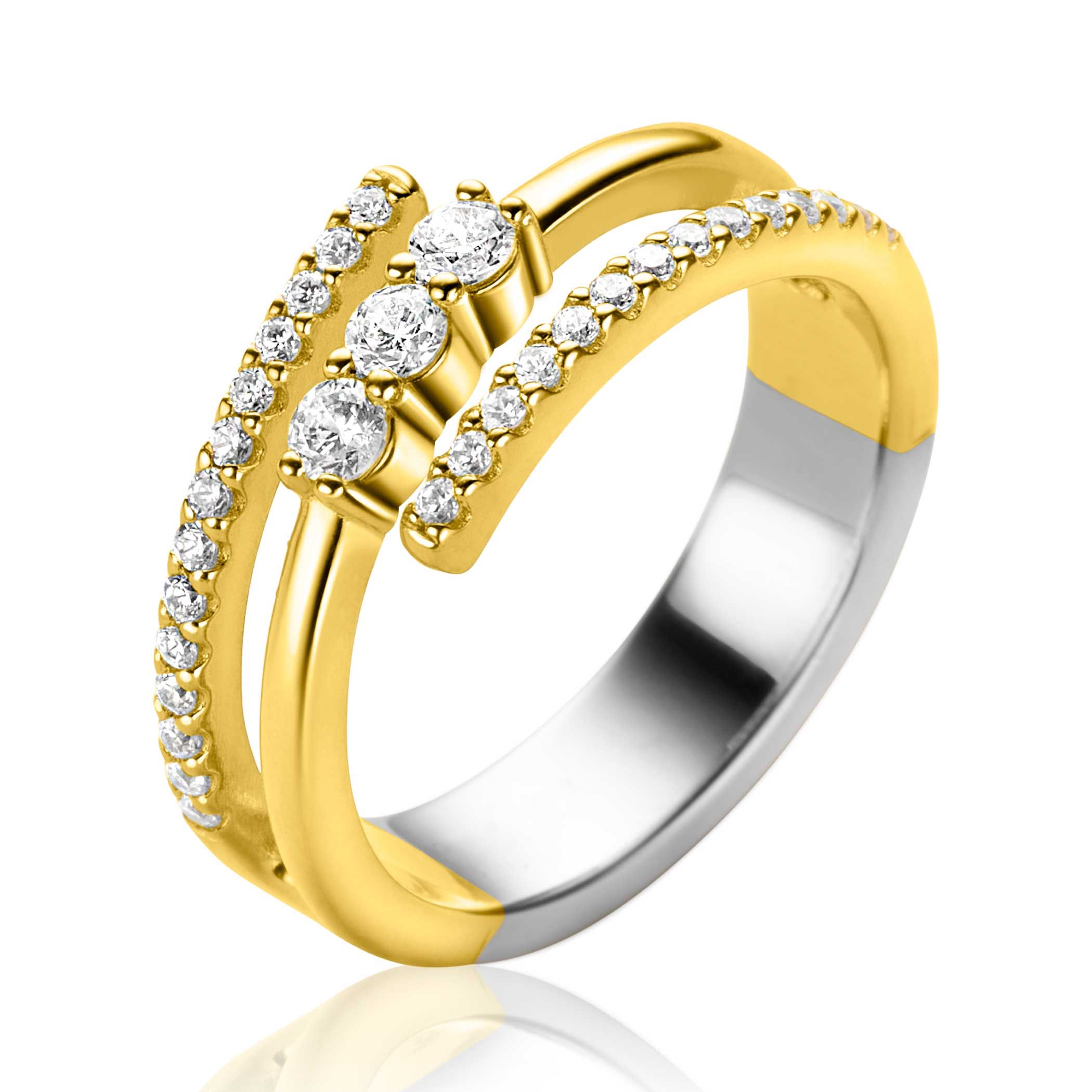 ZINZI gold plated zilveren multi-look ring (8mm breed) met 3 rijen. De middelste rij is opvallend bezet met grotere witte zirconia's. Maak je look compleet met de bijpassende oorringen! Vervaardigd van eerste gehalte zilver (925) en extra geel verguld.