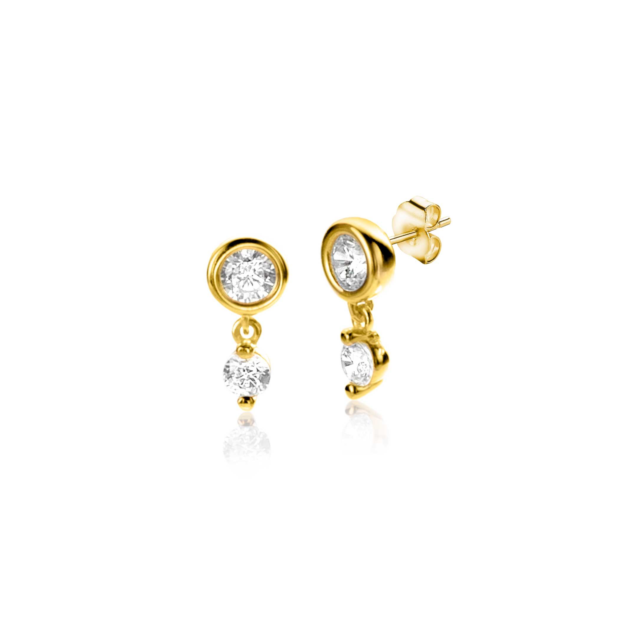 ZINZI Gold 14 karaat gouden ronde oorstekers 9mm met bungelend een kleinere witte zirconia. Vervaardigd van geheel 14 karaat goud (585).