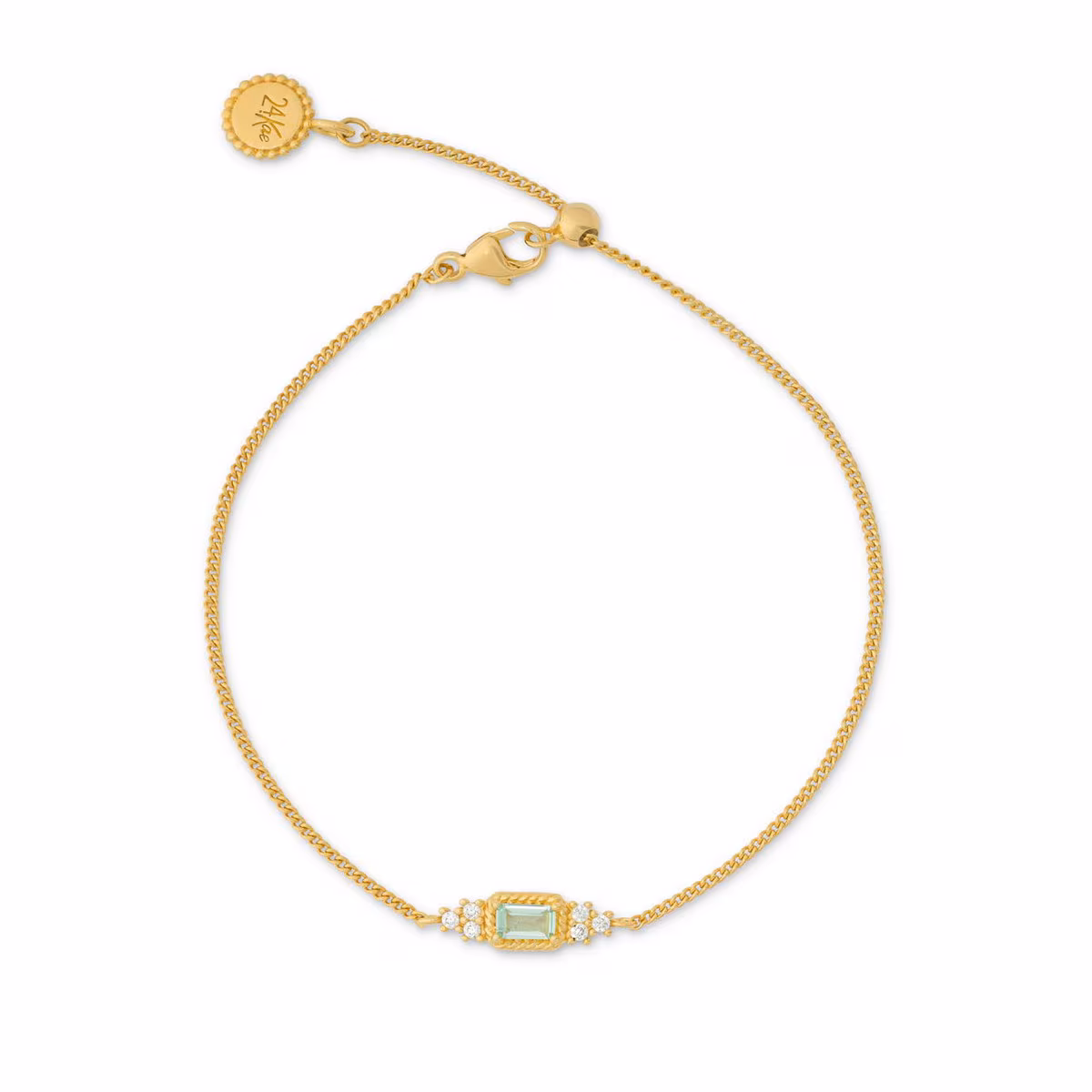 zilveren 24Kae armband, verguld+ groen baguette+cz