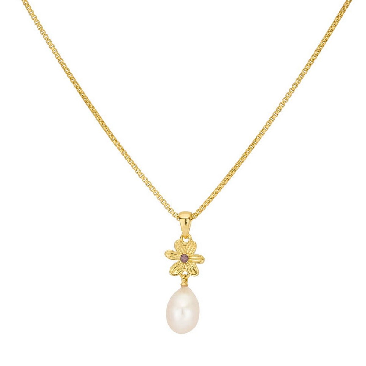 Deze ketting heeft een bloem, met daaraan een zoetwaterparelhanger. De bloem heeft een kleine roze steen en is onderdeel van een familie met bijpassende armband, oorbellen en ring. De perfecte combinatie deze zomer. Alle 24Kae sieraden zijn met liefde en oog voor detail ontworpen door Kae Sutherland. Elke 24Kae ketting heeft een handgemaakte bedel met merkgravure. Details: - Lengte collier: 40 cm + 5 cm verlenging - Afmeting hanger: 18 mm Materialen: - 925 sterling zilver, verguld met 18K goud - Kubieke zirkonia - Zoetwaterparel