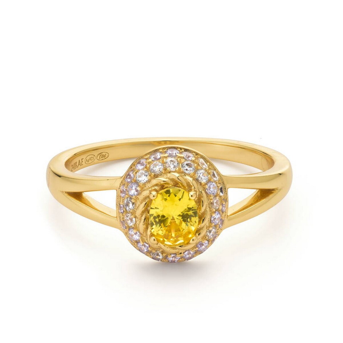 zilveren 24Kae ring, verguld rond+ groen/wit zirconias mt52