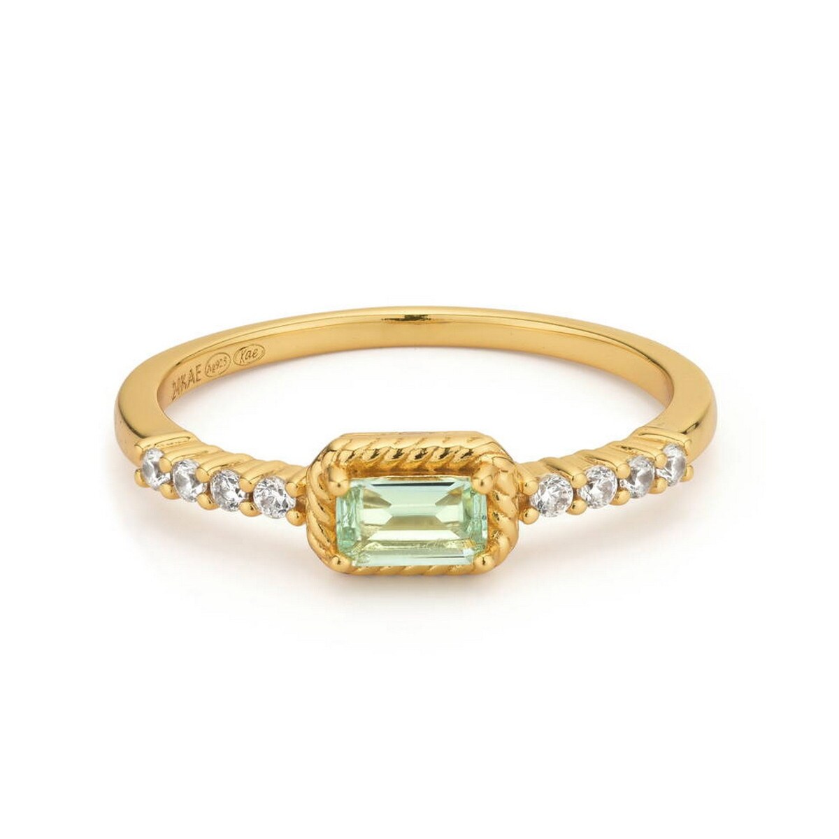 zilveren 24Kae ring, verguld groen baguette+cz mt54