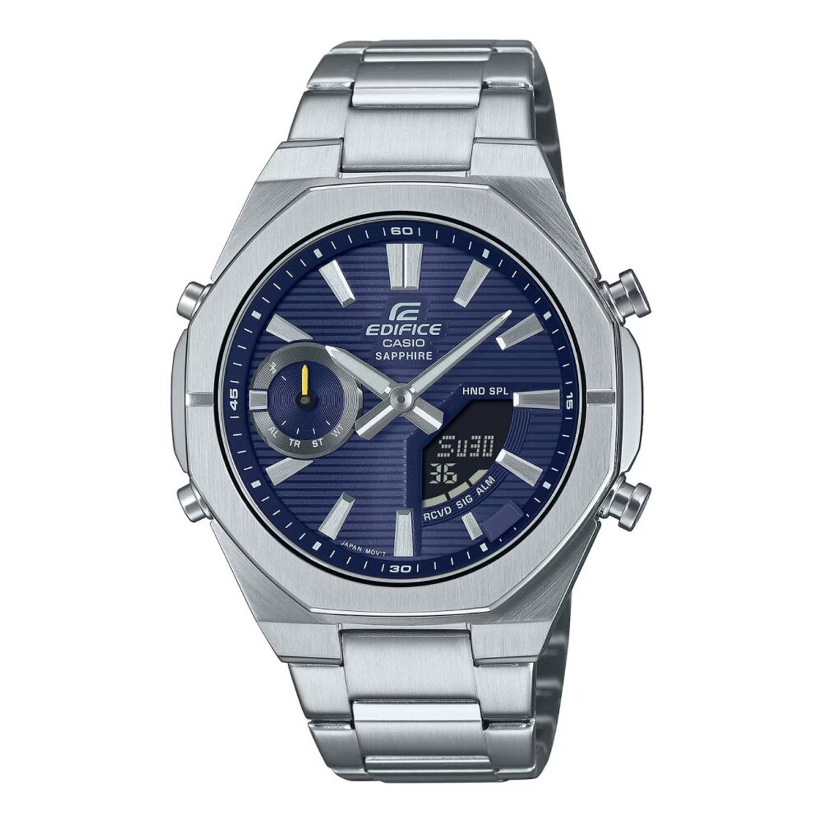 Herenhorloge uit de Edifice horloge collectie van Casio.
 
Werk hard en speel hard met een slanke, sportieve analoog-digitale combinatie EDIFICE die zowel zaken als plezier serieus neemt. Deze uurwerken bieden lichtgewicht draagbaarheid en smartphoneconnectiviteit, allemaal in een afgeslankte behuizing van minder dan 10 mm die niet verstrikt raakt in de manchet van je overhemd. Synchroniseer met je smartphone via Bluetooth® voor automatisch aangepaste precisietijdmeting. Gebruik de app om moeiteloos de wereldtijd te beheren, waar je ook naartoe reist. Of het nu voor zaken of plezier is, internationale reizen verlopen naadloos met automatische updates voor de lokale tijd en zomertijd. De app maakt ook het beheren van alarmen, tijden en andere functies eenvoudig en intuïtief. De Super Illuminator verlicht de wijzers en het digitale display met LED's met hoge helderheid en saffierkristal beschermt tegen krassen voor een duidelijke en gemakkelijke aflezing. Een slanke, echt comfortabele chronograaf die voldoet aan de hoge eisen die Casio-partnerraceteams stellen.
 
 
Afmetingen kast (L × B × H)
48.1 × 43 × 9.6 mm
Gewicht
129 g
Materiaal van kast en buitenrand
Roestvrij staal
Band
Roestvrijstalen band
One-touch vouwsluiting
Waterbestendigheid
Waterbestendig tot 10 bar
Tijdaanpassing
Bluetooth: Maakt verbinding met een smartphone en past de tijd automatisch aan
Voeding en levensduur van de batterij
Geschatte levensduur batterij: 2 jaar met SR726W X 2
Functies voor smartphonekoppeling/appconnectiviteit
Smartphonekoppeling
Mobiele koppeling (draadloze koppeling via Bluetooth®)
Apps
CASIO WATCHES
Functie voor appconnectiviteit
Automatische tijdaanpassing
Eenvoudige horloge-instelling
Tijden van ongeveer 300 steden wereldwijd
Tijd en plaats
Telefoonzoeker
Glas
Horlogeglas van saffier
Compatibele bandgrootte
150 tot 205mm
Wereldtijd
38 tijdzones (38 steden + gecoördineerde universele tijd), zomertijd aan/uit, automatisch overschakelen op zomertijd (DST),
wisselen tussen thuisstad/wereldtijdstad
Stopwatch
Stopwatch van 1/100 seconden
Meetcapaciteit: 00'00''00~59'59''99 (voor de eerste 60 minuten)
1:00'00~23:59'59 (na 60 minuten)
Meeteenheid: 1/100 seconden (voor de eerste 60 minuten)
1 seconde (na 60 minuten)
Meetmodi: Verstreken tijd, tussentijd, tijden 1e en 2e plaats
Timer
Afteltimer
Meeteenheid: 1 seconde
Aftelbereik: 24 uur
Instelbereik voor starttijd aftellen: 1 seconde tot 24 uur (stappen van 1 seconde, stappen van 1 minuut en stappen van 1 uur)
Wekker/uuraanduiding
5 dagelijkse alarmen
Uursignaal
Belichting
Dubbele ledverlichting
Ledverlichting voor wijzerplaat (Super Illuminator, instelbare verlichtingsduur (1,5 of 3 seconden), nagloeien)
led-achtergrondverlichting voor het digitale display (Super Illuminator, instelbare verlichtingsduur (1,5 of 3 seconden), nagloeien)
Kleur van belichting
Led: Wit
Kalender
Volledig automatische kalender (tot jaar 2099)
Dempfunctie
Knopbedieningstoon aan/uit
Nauwkeurigheid
Nauwkeurigheid: ± 15 seconden per maand (zonder mobiele link-functie)
Overige functies
Dagweergave (dagen van de week selecteerbaar in zes talen)
Wijzerverschuivingsfunctie (wijzers schuiven weg voor een onbelemmerd zicht op de inhoud van het digitale display.)
Vliegtuigmodus
Pieper in-/uitschakelen
Regelmatige tijdwaarneming:
Analoog: 2 wijzers (uur, minuut (wijzer beweegt elke 20 seconden)), 1 wijzerplaat (modus)
Digitaal: Uur, minuut, seconde, pm, datum, dag
 
 