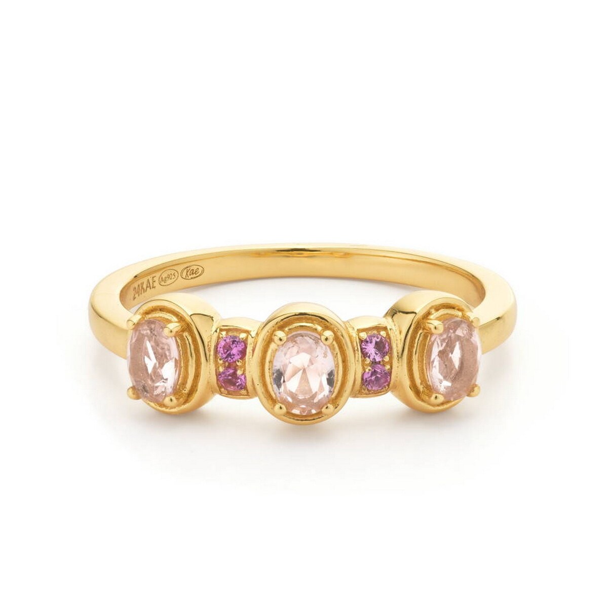 zilveren 24Kae ring, verguld ovalen+ roze/paars cz mt52