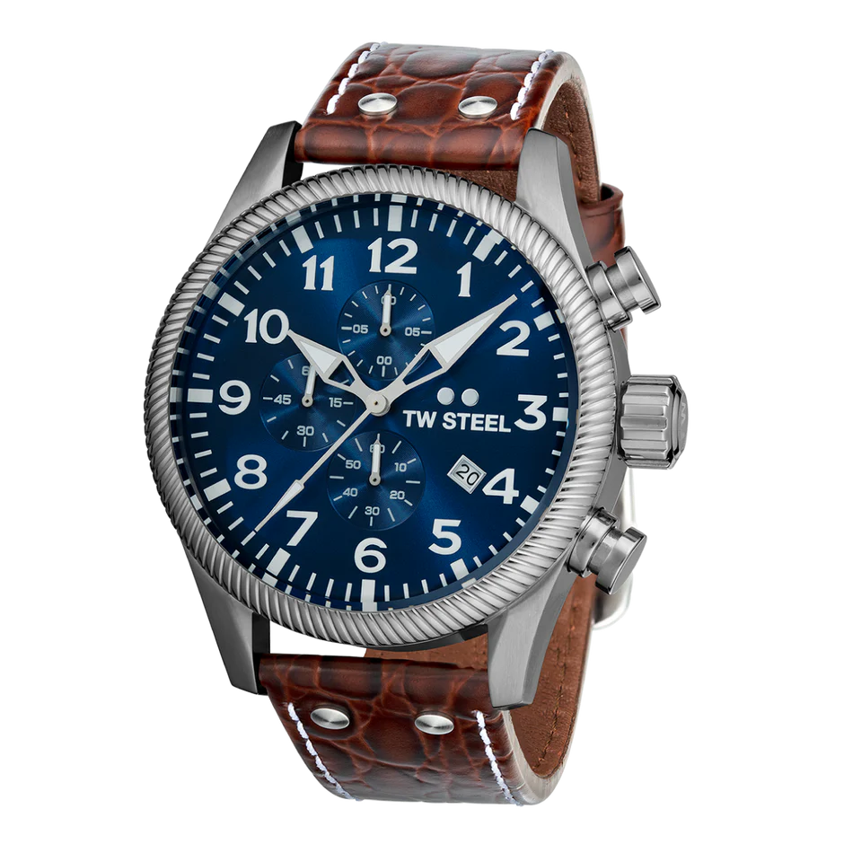 Ga van A to Bold met dit Volante horloge. Deze VS111 is voorzien van een accurate chronograaf, een donkerblauwe sunray wijzerplaat en een bruine croco leren band.