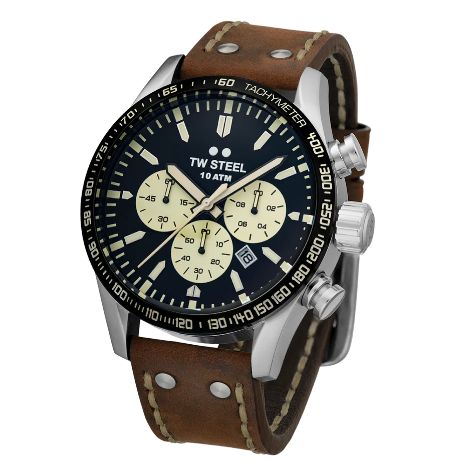 Go from A to Bold with this Volante watch. This VS120 is powered by a chronograph movement and features a 48mm steel case, a black satin dial and a brown leather strap.