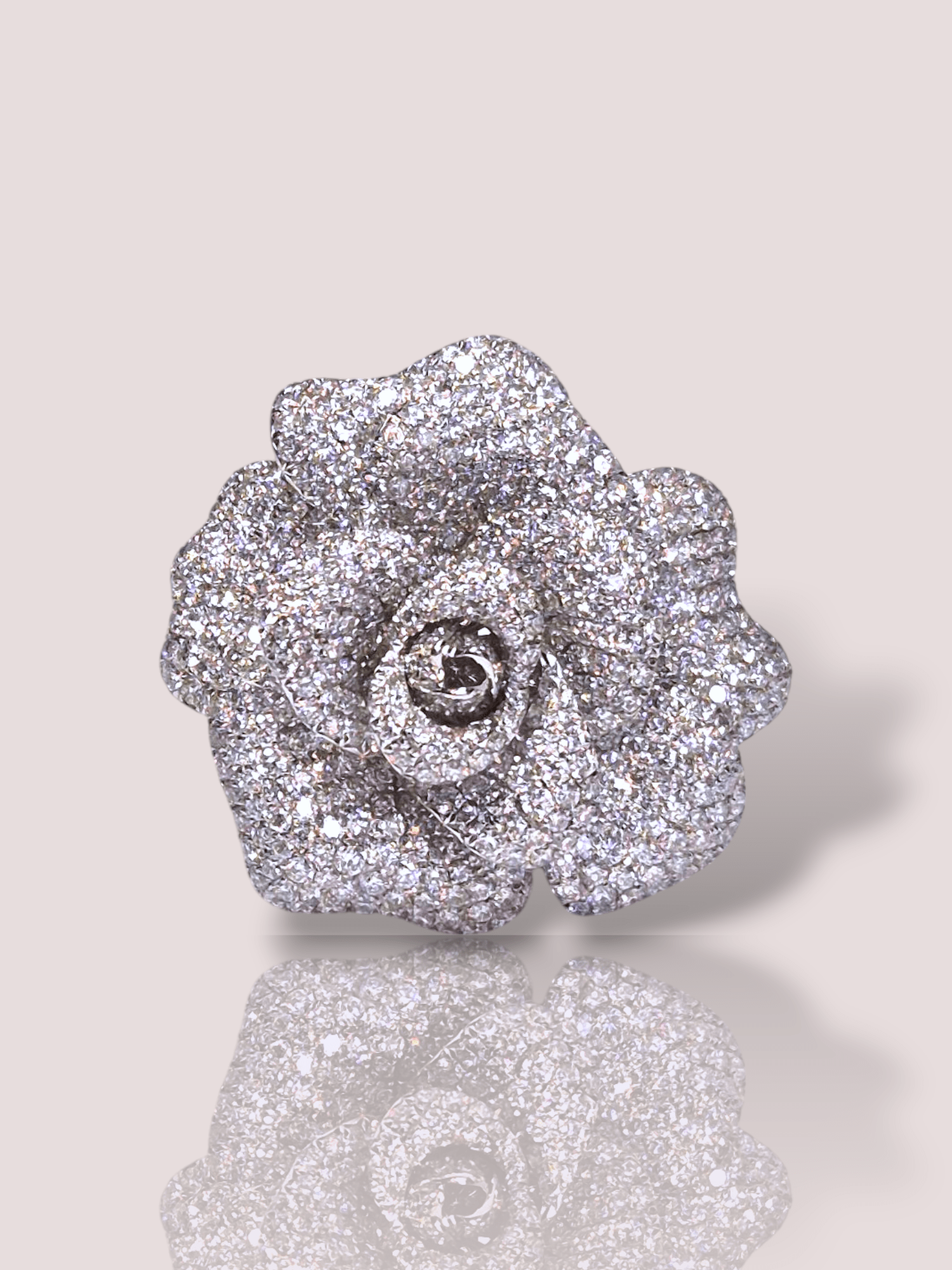 Deze prachtige Vintage 18k witgouden diamanten statement ring heeft een bloemvormig ontwerp met duizelingwekkende schitterende diamanten. De ring is een ware eyecatcher en perfect voor speciale gelegenheden. Draag deze ring op zichzelf als statement piece of combineer hem met andere sieraden voor een elegante look. De ring is tijdloos en past bij elke outfit. Bestel nu en straal met deze unieke ring!

Dit prachtige stuk is niet alleen als ring te dragen, maar de bloem kan ook losgemaakt worden van de ring om vervolgens als hanger aan een ketting te worden gedragen. De ring circa 3,5 cm hoog en breed. In totaal bevat de ring 7,73ct aan heldere, witte diamanten.