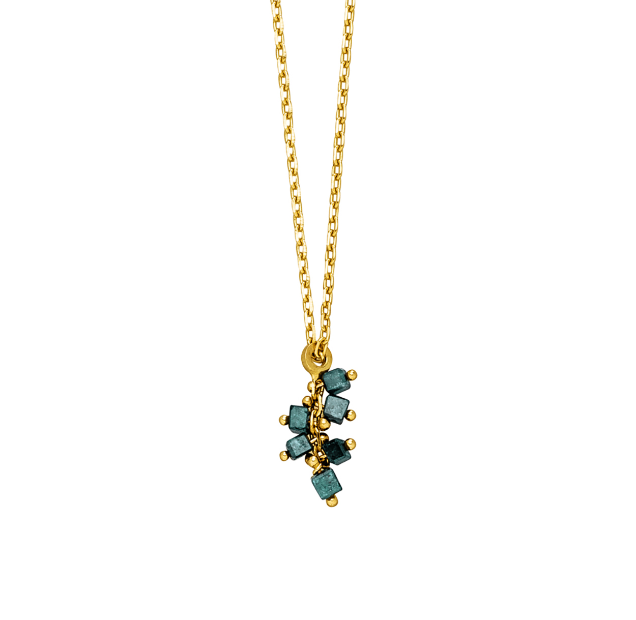 Een fijn gouden anker schakel collier (lengte 42-45 cm) met blauwe diamanten hangertje.