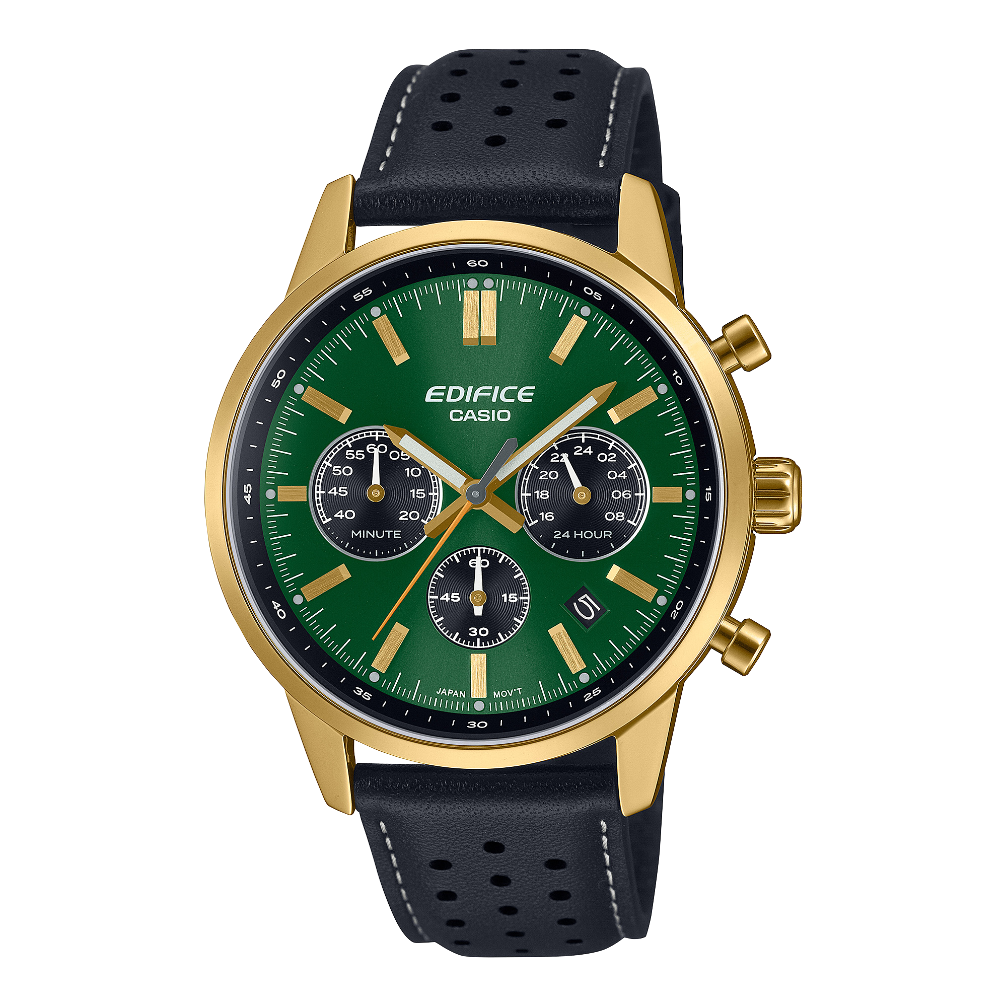 De EDIFICE chronograaf heeft een tweekleurige wijzerplaat heeft contrasterende kleuren voor de hoofd- en tussen wijzerplaten en doet denken aan het instrumentenpaneel van een klassieke sportwagen. Details zoals het bolle, gewelfde horlogeglas, de roestvrijstalen kast met smalle lunette en de drukknoppen ronden het ontwerp af met aloude stijl.