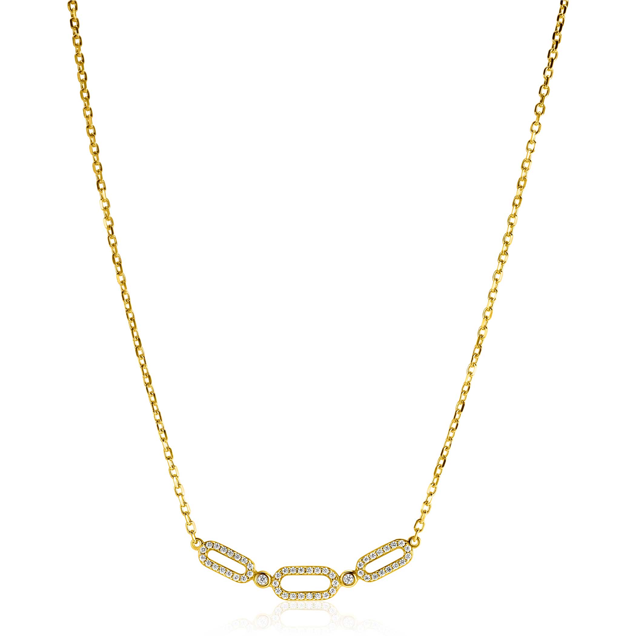 ZINZI gold plated zilveren ketting 45cm met drie trendy ovale schakels, schitterend bezet met witte zirconia's. De schakels zijn sierlijk verbonden door twee ronde zettingen, bezet met witte zirconia's. De lengte van de ketting is te variëren tussen 40 en 45cm door het handige verlengkettinkje. Bij sluiting herkenbaar ZINZI, door het zilveren Zinzi hartje. Vervaardigd van eerste gehalte zilver (925) en extra 14K geel verguld.
