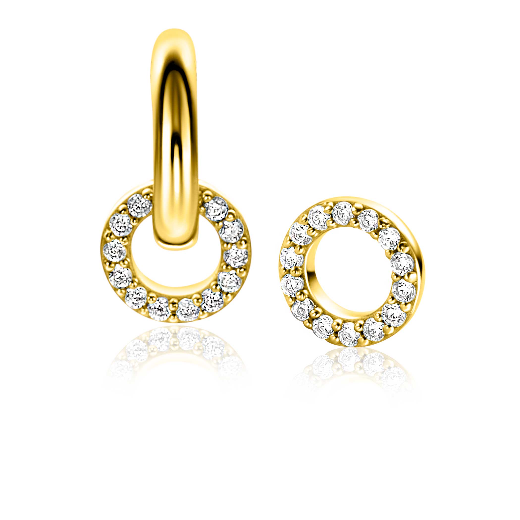 7.5mm ZINZI gold plated zilveren oorbedels in ronde vorm bezet met witte zirconia's ZICH2550Y (zonder oorringen)