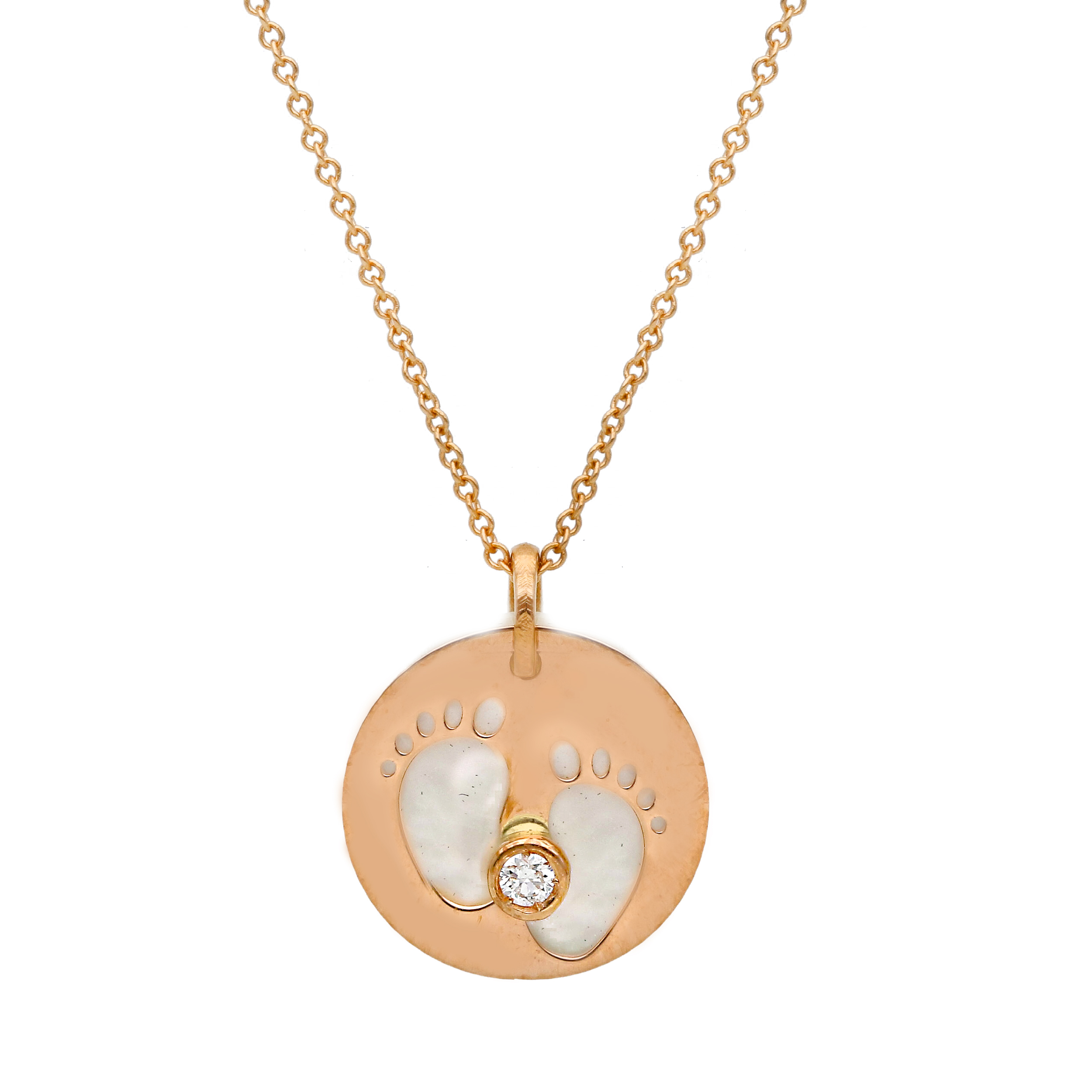 Ketting 18 karaat geel goud met 0.015ct briljant en babyvoetjes erop