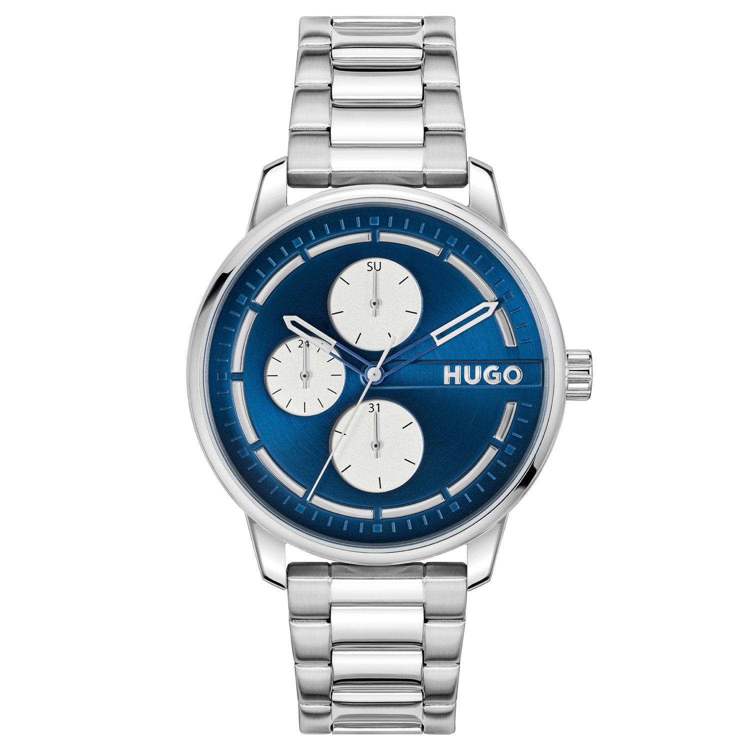 HUGO HU1530386 #STAMP MULTI 44mm
Dit HUGO horloge uit de STAMP MULTI serie met artikelnr. HU1530386 is ontworpen voor de man met durf en die volledig zichzelf is in zijn eigen unieke stijl. Het herenhorloge kenmerkt zich door zijn ronde stalen horlogekast met gladde bezel. Het ontwerp is opvallend vanwege zijn stoere 'kijk mij nou eens' uitstaling, de opengewerkte wijzers en de dag, datum en de 24-uursaanduiding op de blauwe wijzerplaat. Aan de kast zit een zilverkleurige schakelband met een vouwsluiting. Het nette ogende herenhorloge heeft een mineraalglas, een doorsnee van 44mm en is 3ATM.

HET MERK:
HUGO BOSS is afgestemd op levensstijlen waar het gaat om kwaliteit en precisie. Het wereldwijde fashionlabel is verdeeld in twee merken: BOSS en HUGO. Het merk HUGO presenteert eigentijdse en vooruitstrevende designs volgens de laatste fashion trends waarmee mensen worden gestimuleerd om zichzelf te zijn. Scherp maatwerk en casual horloges gecombineerd met een progressieve attitude. HUGO horloges zijn er voor de urban en ruimdenkende man die de leiding durft te nemen. De enige regel van de HUGO-man als het om stijl gaat: zijn authentieke zelf en niets anders.

Maak kennis met de nieuwe horlogecollectie van HUGO.

SPECIFICATIES:
- Mineraalglas
- Ronde kastvorm, &Oslash; 44mm
- Stalen horlogekast
- Blauwe wijzerplaat
- Stalen schakelband
- 3ATM