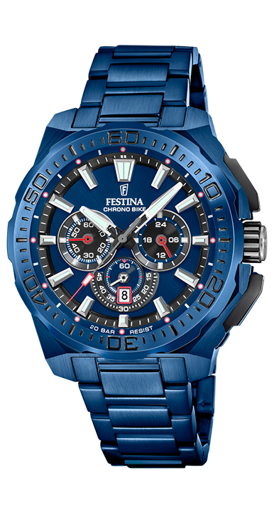 De Festina Horloge Chronobike Special Edition (modelnummer F20729/1) is een prachtige polshorloge met een blauwe roestvrijstalen kast en band. Dit horloge heeft een datumaanduiding, chronograaf functies, en is waterdicht tot 20 ATM. De blauwe wijzerplaat met indexstrepen maakt het stijlvol en sportief. Perfect te dragen bij zowel casual als formele gelegenheden. Nieuw, nikkelvrij en met quartz uurwerk.