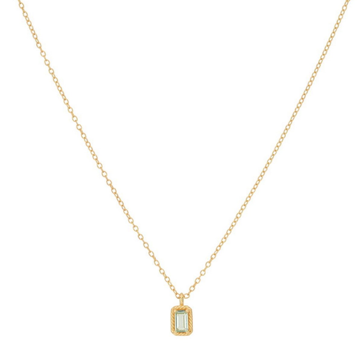 Deze ketting heeft een kleine mintgroene steen, met een gevlochten randstructuur. Een perfecte ketting om te combineren met andere kettingen voor een complete look. Alle 24Kae sieraden zijn met liefde en oog voor detail ontworpen door Kae Sutherland. Elke 24Kae ketting heeft een handgemaakte bedel met merkgravure. Details: - Lengte collier: 42 cm + 5 cm verlenging - Grootte steen: 5,1 mm Materialen: - 925 sterling zilver, verguld met 18K goud - Kubieke zirkonia