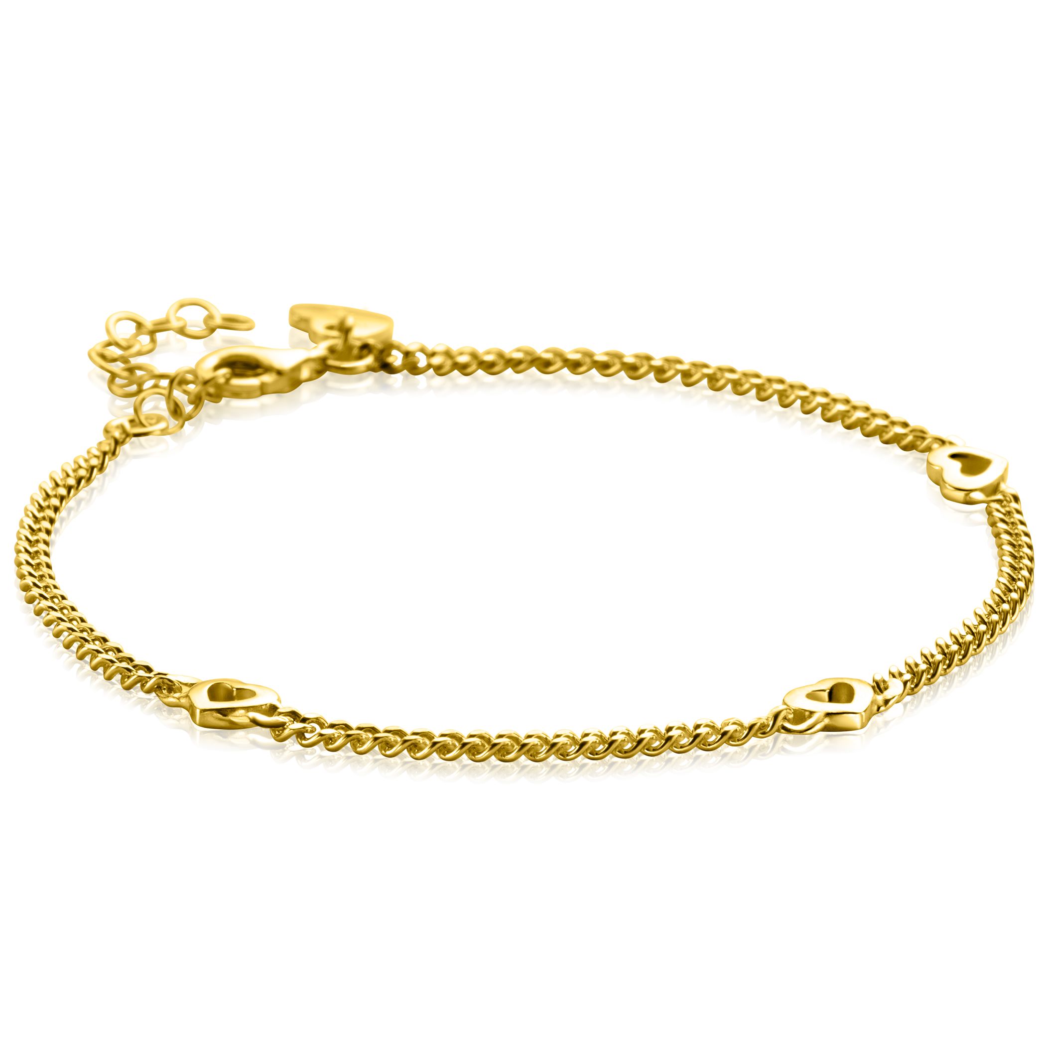 ZINZI gold plated zilveren armband met gourmet schakels gecombineerd met drie open hartjes. Met herkenbaar Zinzi hartje bij de sluiting. De lengte is te variëren tussen 17 en 20cm. Vervaardigd van eerste gehalte zilver (925) en extra geelverguld.