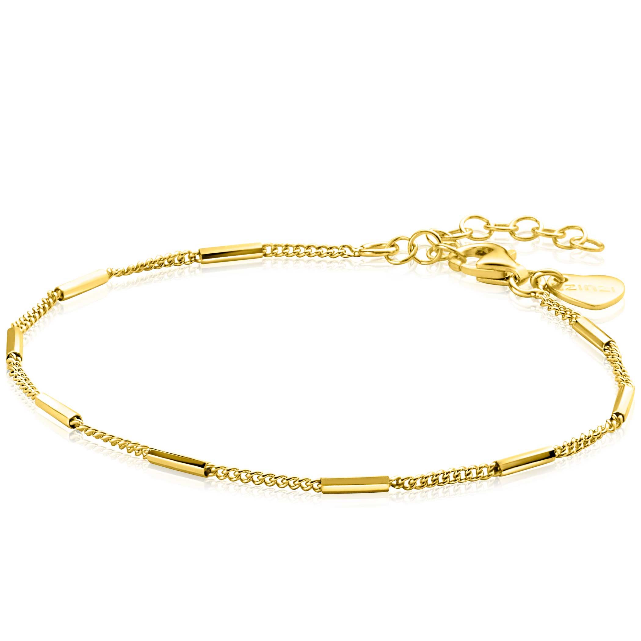 ZINZI gold plated zilveren gourmet armband, gecombineerd met mooie glanzende staafjes (1,6mm breed). Een tijdloos model en ideaal om te combineren met andere armbanden uit de Zinzi collectie. De lengte is te variëren van 16,5 tot 19,5cm. De armband is vervaardigd van eerste gehalte zilver (925) en voorzien van een extra 14K geel vergulding.