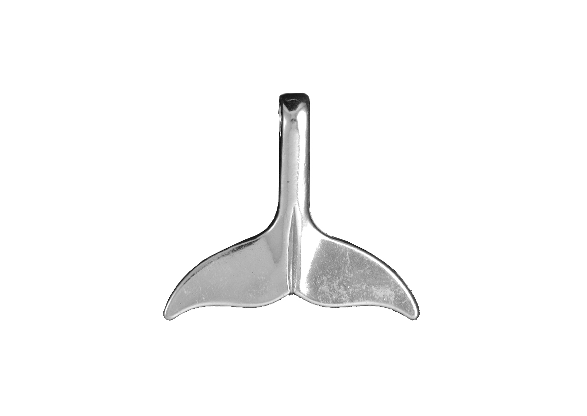 Zilveren Walvis staartvin hanger met oog verwerkt in de staart. 
Stoer aan een lederen koord, nonchalant aan een zilveren ketting of chique aan een omega collier.
Deze hanger kan gegraveerd worden met bijvoorbeeld twee letters of naam en datum, doormiddel van een lazergravure  (€25,- per kant)