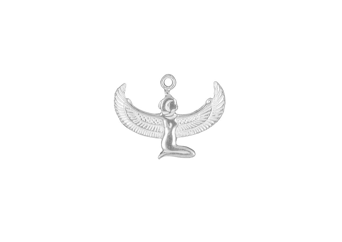 Zilveren hanger in de vorm van de godin Isis.
De hanger komt inclusief draadoog niet afgebeeld op de foto.