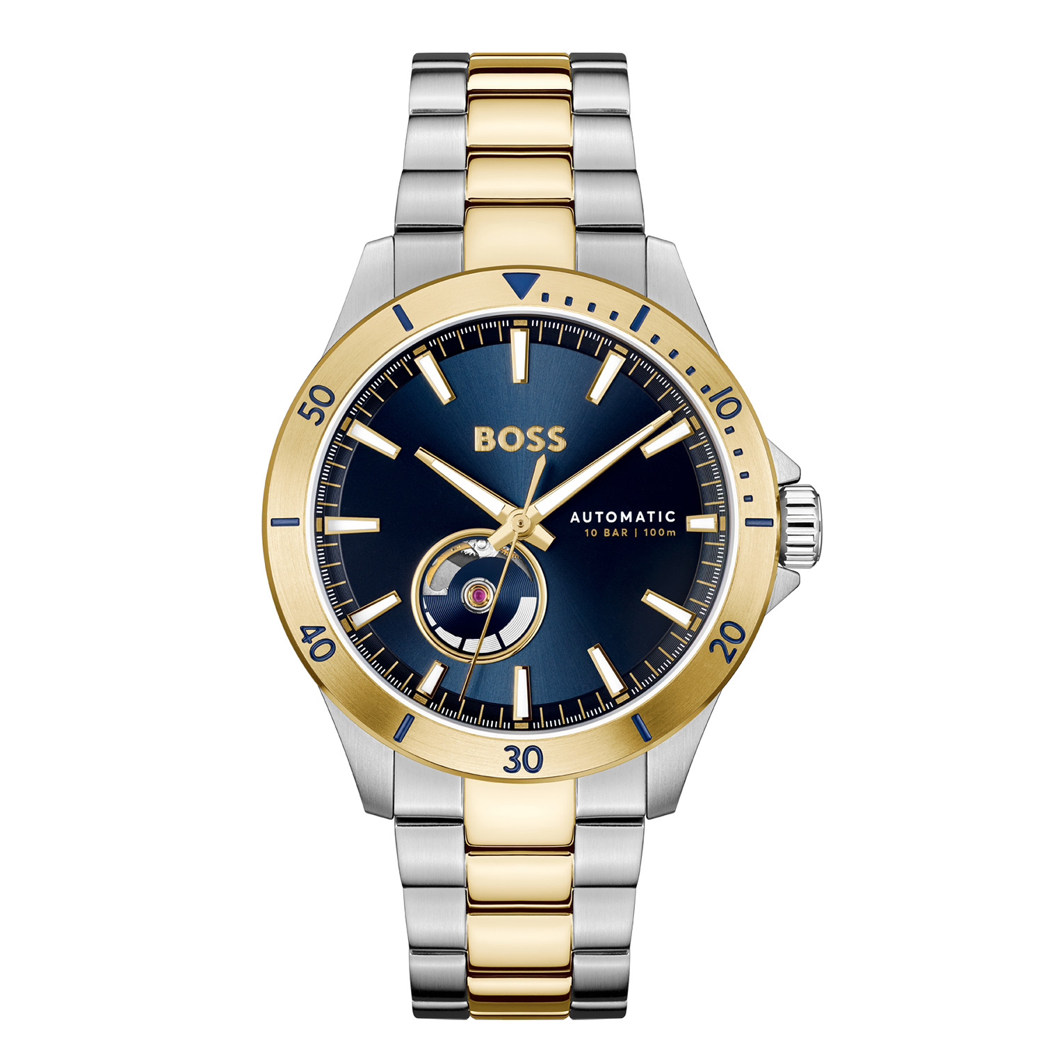BOSS HB1514201 TROPER AUTOMATIC Herenhorloge 42mm 
Dit BOSS horloge uit de TROPER AUTOMATIC serie met artikelnr: HB1514201 heeft een luxe sportieve uitstraling. Zeer geschikt voor de moderne stijlvolle man van nu. Het herenhorloge valt op door zijn stalen kast met een goudkleurige bezel met tachymeter en een blauwe sunray wijzerplaat met een open uitsparing waarin je het uurwerk ziet bewegen evenals de onderkant van het horloge. Opvallend zijn de wijzers die met lumibrite zijn ingelegd. Aan de kast zit een stalen mat glanzende bicolor schakelband met vouwsluiting. Het horloge heeft een doorsnee van 42mm met een mineraalglas en is 10ATM. 

HET MERK:
HUGO BOSS is afgestemd op levensstijlen waar het gaat om kwaliteit en precisie. Het wereldwijde fashionlabel is verdeeld in twee merken: BOSS en HUGO. Het merk BOSS biedt geavanceerde, moderne horloges gericht op kwaliteit en design om een onberispelijke look te creëren – of het nu zakelijk, casual of sportief is. De horloge collectie van BOSS is perfect afgestemd op levensstijlen waar het gaat om kwaliteit en precisie. BOSS is op maat gemaakt in een onberispelijke stijl.

Blijf stijlvol bij de tijd. Voor de BOSS-vrouw is stijl het handelsmerk en draait alles om
details. Breng uw look naar een hoger niveau met onze nieuwe en kenmerkende horlogecollectie.

SPECIFICATIES:
- Mineraalglas
- Ronde kastvorm, Ø 42mm
- Stalen horlogekast
- Blauwe wijzerplaat
- Stalen bicolor schakelband
- 10ATM