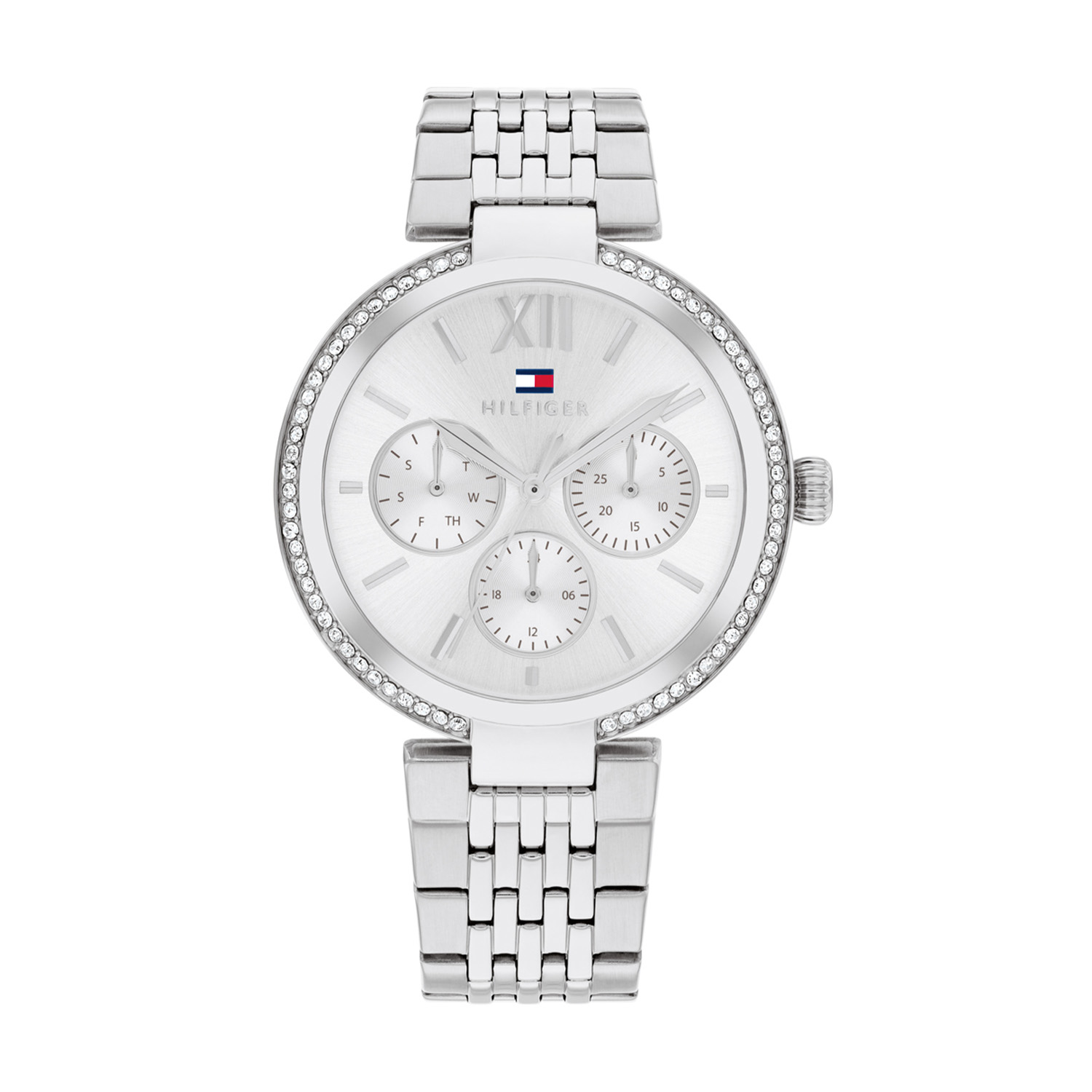 Tommy Hilfiger TH178695 Horloge Dames Staal Zilverkleurig 36mm
Dit specifieke horloge van Tommy Hilfiger uit de Sophia serie met artikelnr: TH1782695 is een sportief chique dameshorloge die niet in je collectie mag ontbreken. Het stalen dameshorloge heeft een ronde zilverkleurige kast met een bezel met een kristallen en een zilverkleurige sunray wijzerplaat met een dag,- datum en 24-uursaanduiding. Aan de kast zit een fijne zilverkleurige schakelband met een vouwsluiting. Het horloge heeft een mineraalglas, een doorsnee van 36mm en is 3ATM.  

Het merk:
Sinds de lancering van het merk in 1985 is Tommy Hilfiger wereldwijd bekend geworden als pionier van de klassieke Amerikaanse coole stijl. Geïnspireerd door de iconische popcultuur en het Amerikaanse erfgoed. De dames en herencollectie van dit seizoen bestaan uit minimalistische silhouetten en rustieke lederen details. De herenhorlogecollectie biedt iconische uurwerken met roestvrijstalen, lederen en siliconen banden.

Specificaties:
- Mineraalglas 
- Ronde kast 36mm
- Zilverkleurige horlogekast
- Zilverkleurige sunray wijzerplaat 
- Zilverkleurige schakelband 
- 3ATM