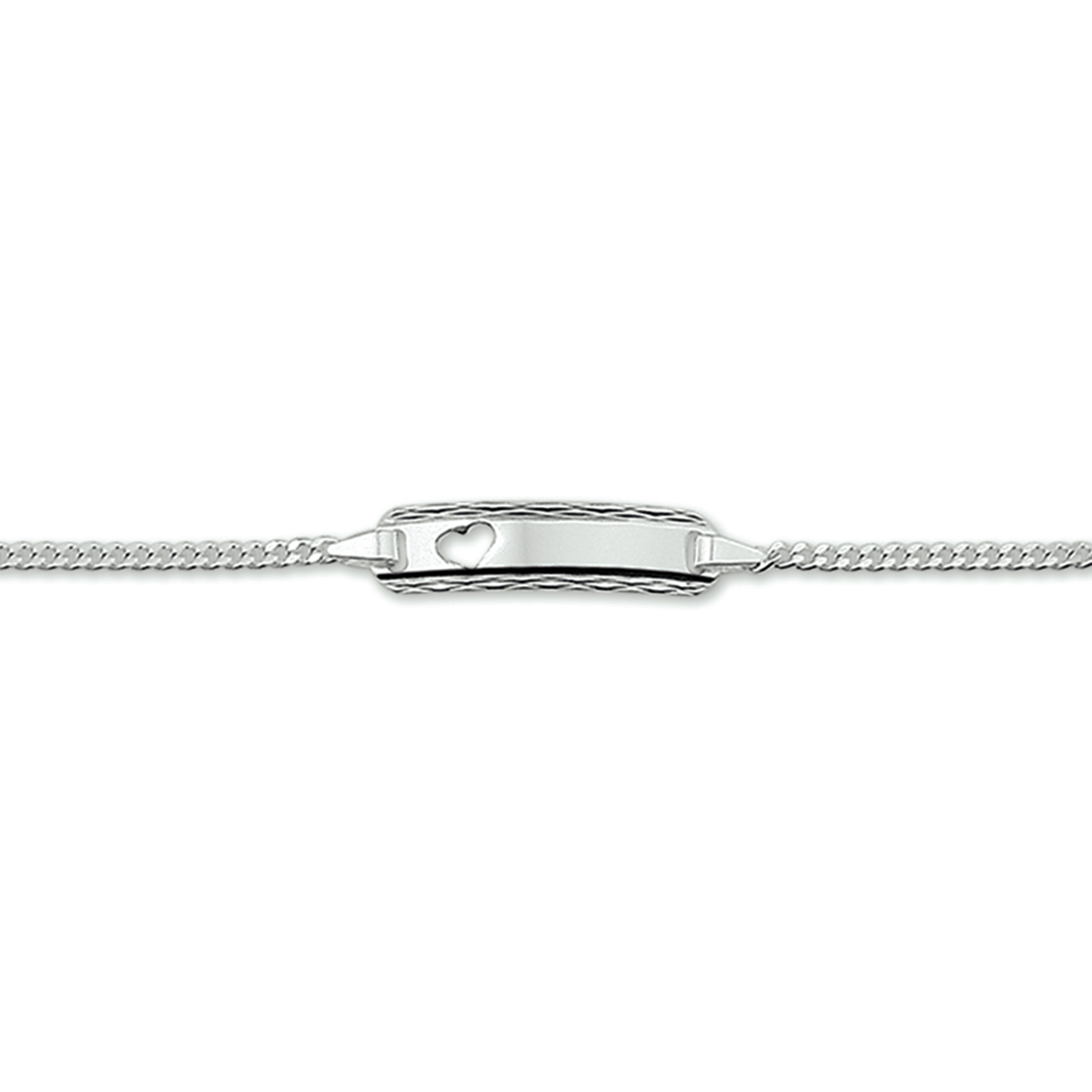 Zilveren graveerarmband met een gestanst hartje. De breedte van de graveerplaat bedraagt 5mm en de dikte is 0.6mm.