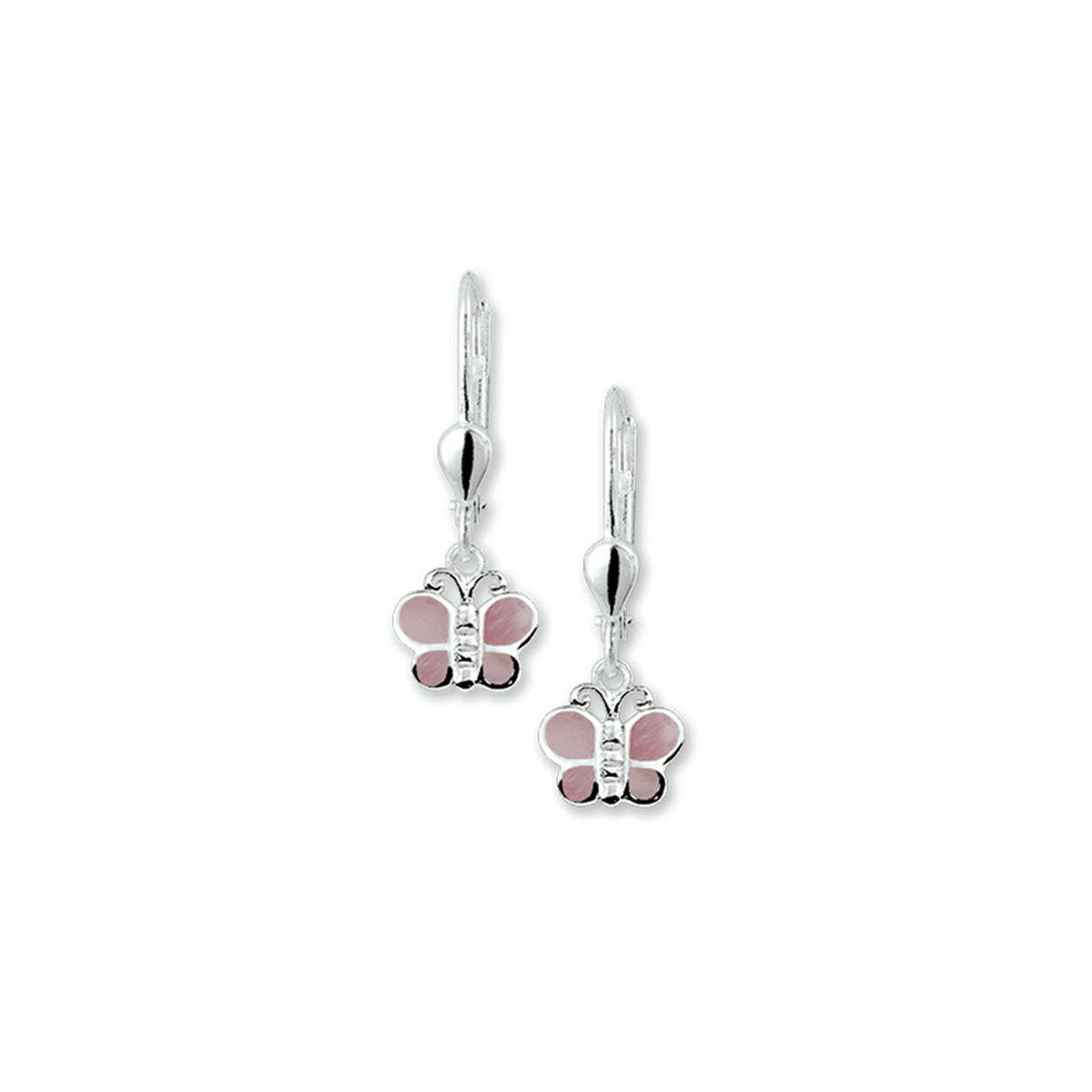 Beschrijving: Zilveren oorhangers met een vlinder van roze parelmoer. 
Doelgroep: kinderen
Breedte: 8 mm
Hoogte: 8.5 mm