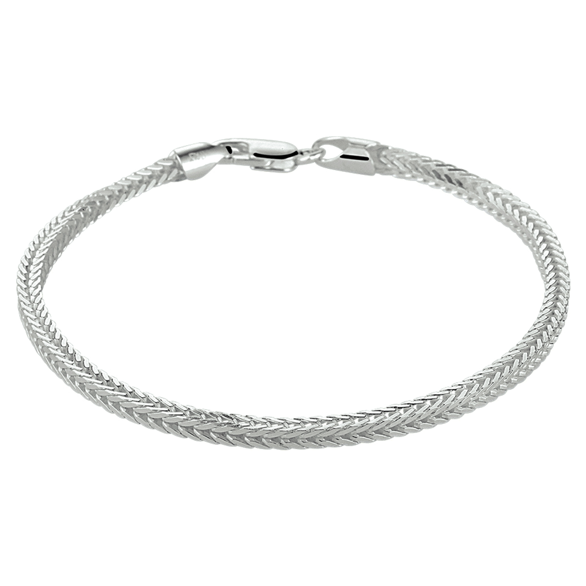 Zilveren armband met een vossestaart schakel. Het lengte artikel heeft een schakelbreedte van 2.5mm. Uitgevoerd met een karabijn sluiting.