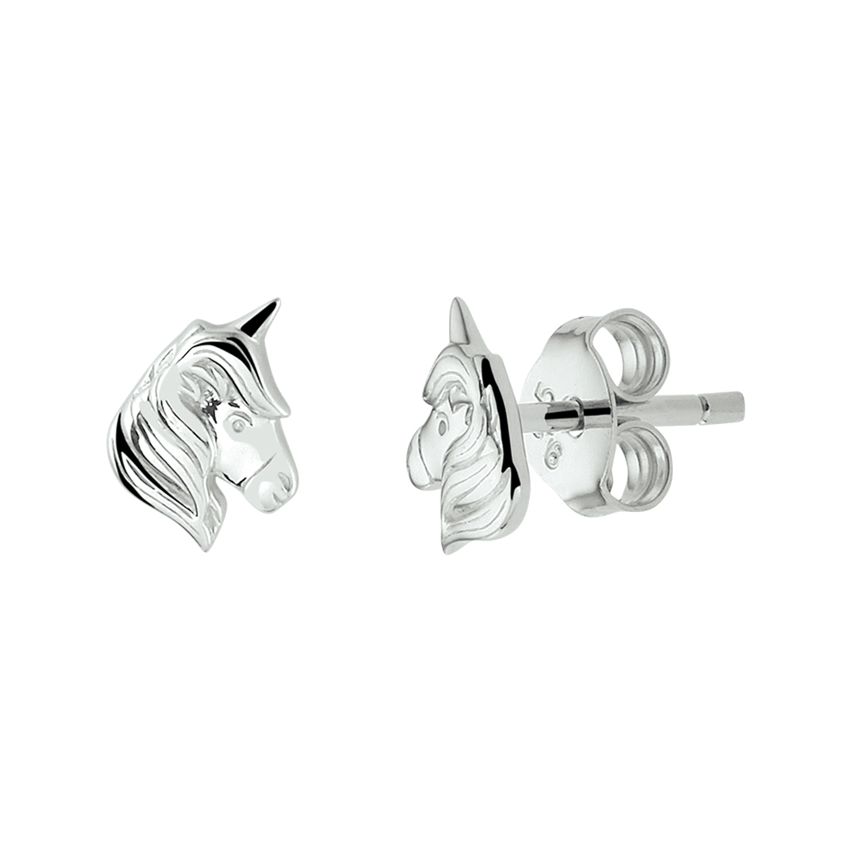 Gerhodineerd 925 zilveren oorknoppen in de vorm van een paardenhoofd. De oorknoppen hebben een afmeting van 7.5x5.5mm.
