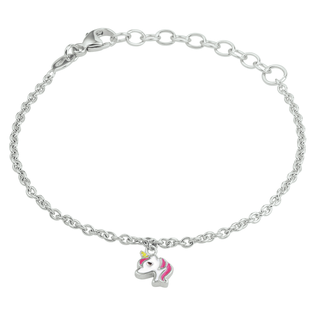 Gerhodineerd 925 zilveren armband uitgevoerd met een leuke eenhoorn hanger met gekleurd emaille en stevige karabijn sluiting. De armband heeft een draaglengte van 13cm en een extensie van 3cm. De afmeting van de hanger is 9x6.5mm. De schakelbreedte is 1.8mm.