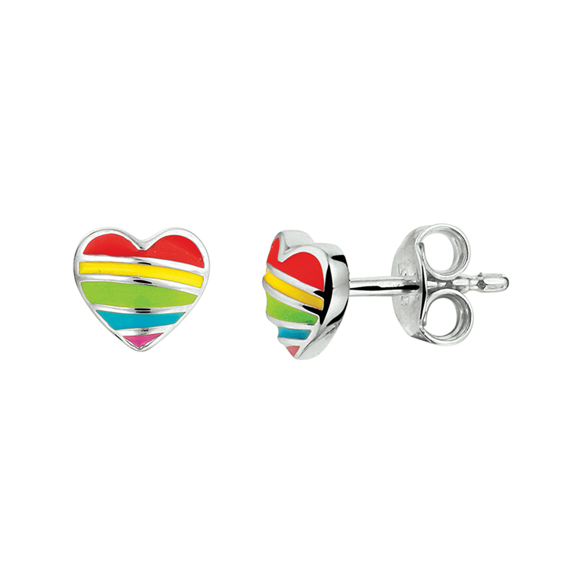 Zilveren oorstekers; hartje met regenboog kleuren
