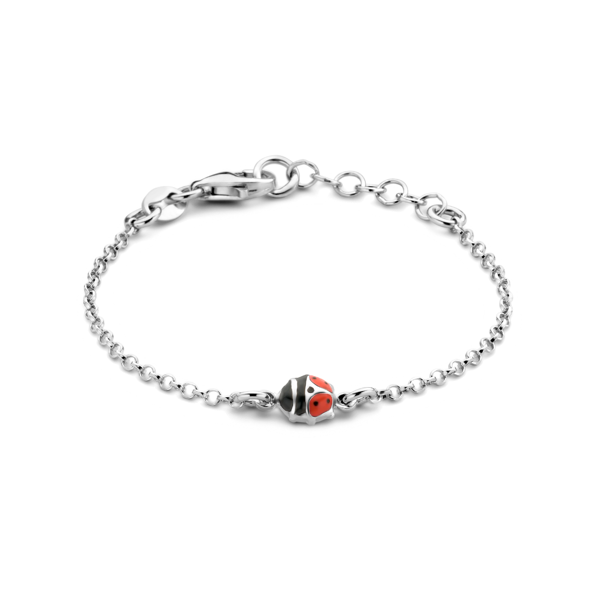 Gerhodineerd 925 zilveren armband uitgevoerd met een lieveheersbeestje en een karabijn sluiting. De armband heeft een draaglengte van 11cm en een extensie van 2cm. De schakelbreedte is 1.7mm.