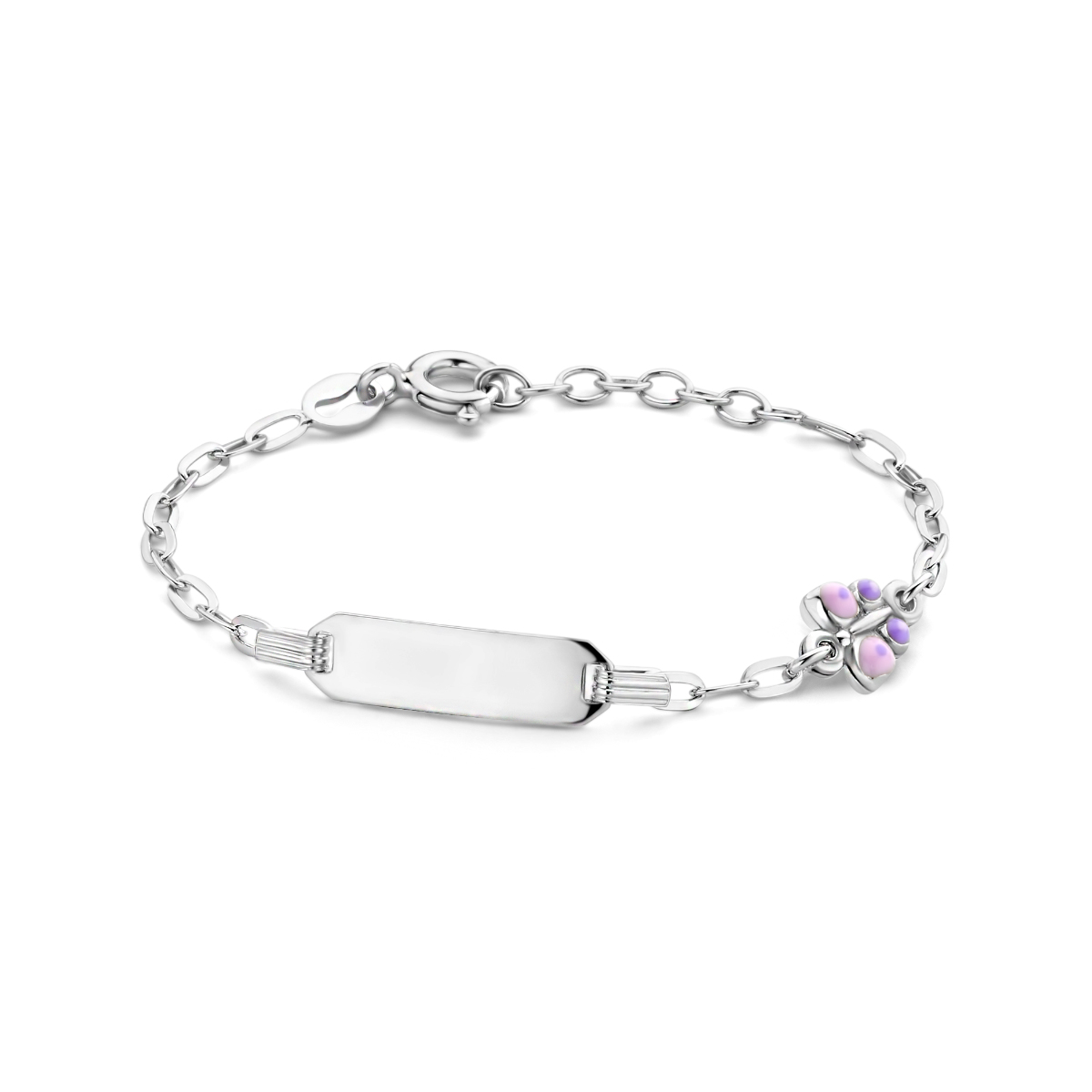 Gerhodineerd 925 zilveren graveerarmband uitgevoerd met een vlinder. De armband heeft een draaglengte van 11cm en een extensie van 2cm. De schakelbreedte is 2.2mm. De graveerplaat heeft een dikte van 0.6mm.