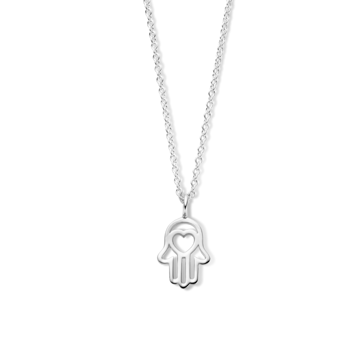 Gerhodineerd 925 zilveren collier uitgevoerd met het handje van fatima en een hart voorstelling. Het collier heeft een schakelbreedte van 1.2mm en is uitgevoerd met karabijnsluiting. De draaglengte is 41cm met een extensie van 4cm.