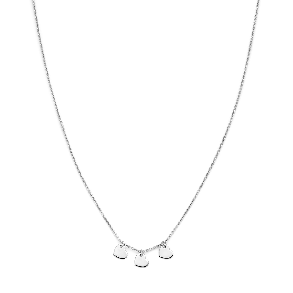 Gerhodineerd 925 zilveren collier uitgevoerd met drie hartjes. Het collier heeft een lengte van 36cm met 2cm extensie. Uitgevoerd met karabijnsluiting.